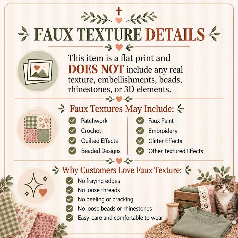 May include: An informational graphic titled FAUX TEXTURE DETAILS with a cream background and green stripes. It explains that the product is a flat print without real 3D elements, lists faux textures like patchwork and embroidery, and benefits like no fraying.