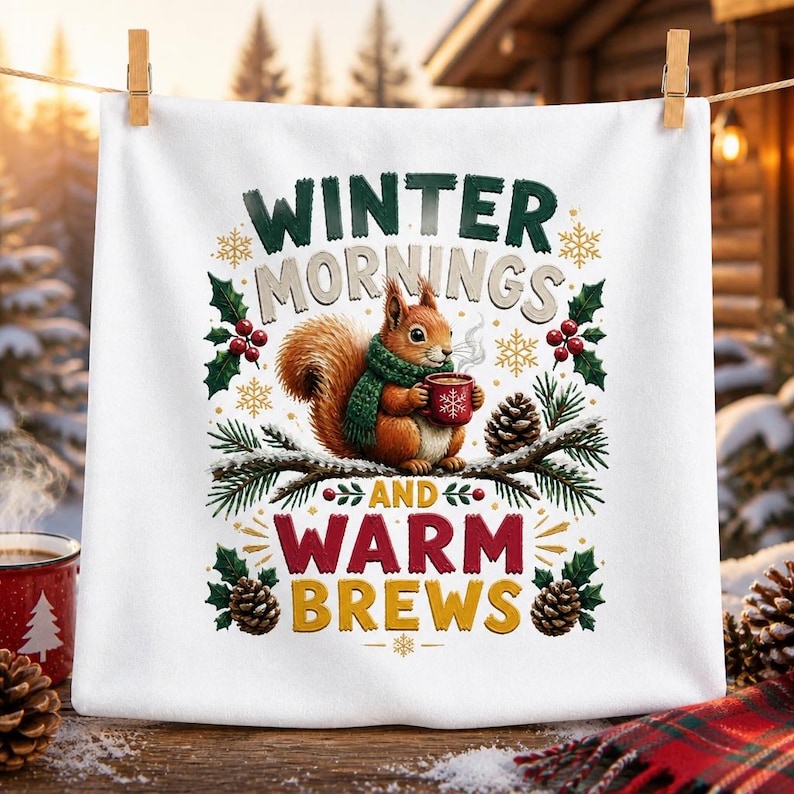 May include: A white square towel featuring a graphic of a brown squirrel wearing a green scarf and holding a red mug. The text reads WINTER MORNINGS AND WARM BREWS, surrounded by illustrations of pine branches, pinecones, holly, and snowflakes.