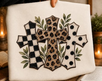 Brushstroke Cross Trio PNG Faith Leopard Checkered Polka Dot God is Good Sublimation Christian Everyday Jesus Church Tee Gift Digital File