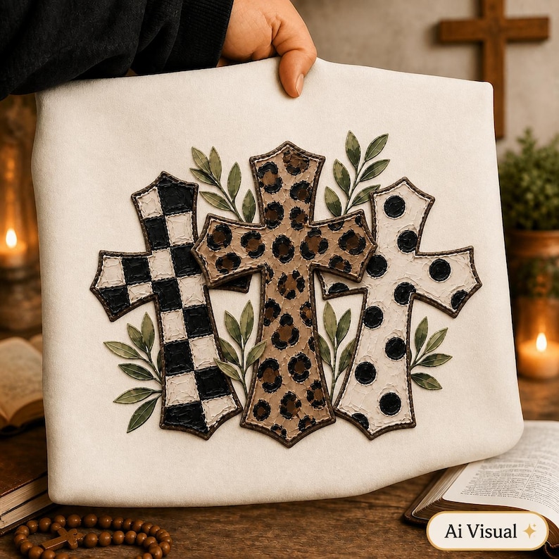 PNG File Transparent Background of A white folded tee shirt featuring a faux embroidered design of three crosses. The left cross has a black and white checkerboard pattern, the center cross has a brown leopard print, and the right cross has black polka dots, all accented with green leaves. Digital Sublimation design file.