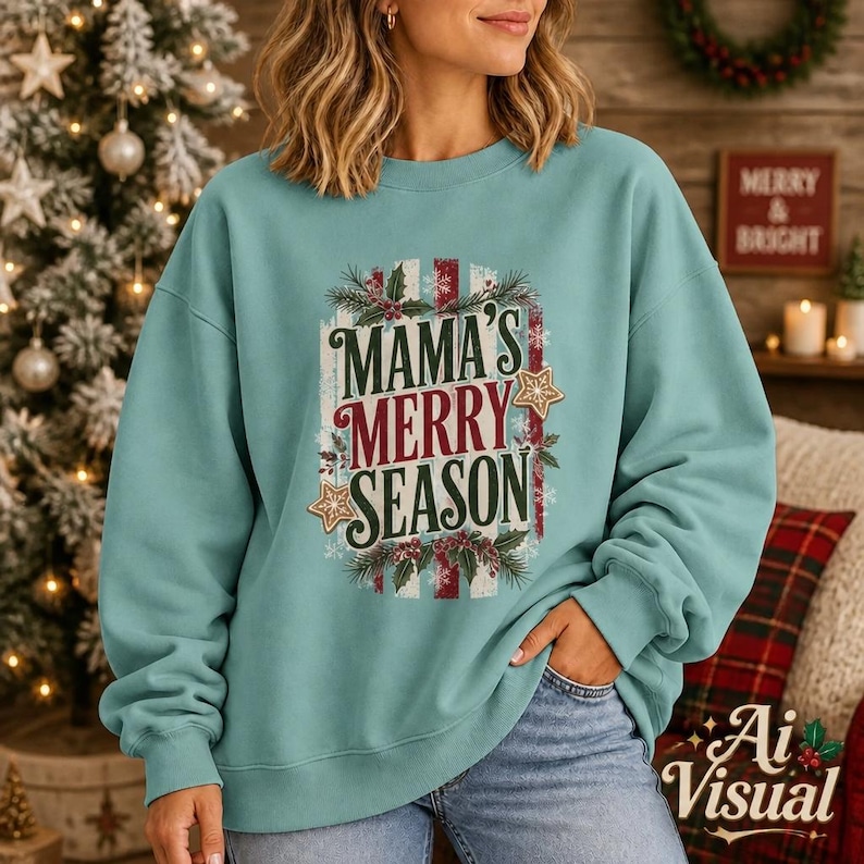 May include: A light teal crewneck sweatshirt featuring a central graphic with the text MAMA'S MERRY SEASON in dark green and red lettering. The design includes illustrations of holly leaves, red berries, and gold stars on a striped background.