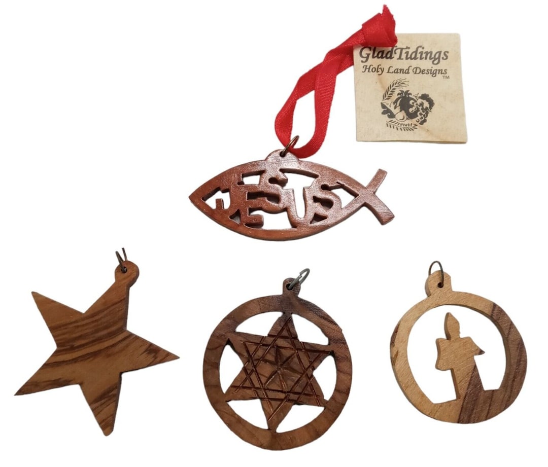 Holy Land Olive Wood Christmas Ornaments Fish Star Candle Israel