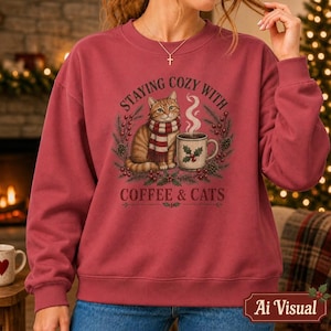 May include: A dark red crewneck sweatshirt featuring a graphic of a tabby cat wearing a red and white striped scarf next to a steaming mug of coffee. The text reads STAYING COZY WITH COFFEE & CATS, surrounded by holly leaves, berries, and pine cones.