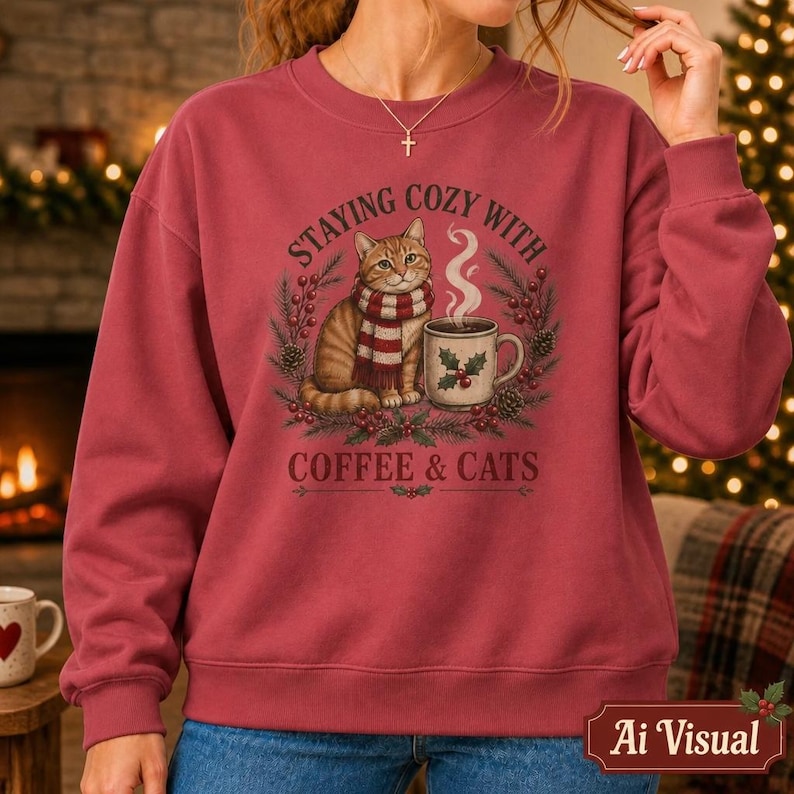 May include: A dark red crewneck sweatshirt featuring a graphic of a tabby cat wearing a red and white striped scarf next to a steaming mug of coffee. The text reads STAYING COZY WITH COFFEE & CATS, surrounded by holly leaves, berries, and pine cones.