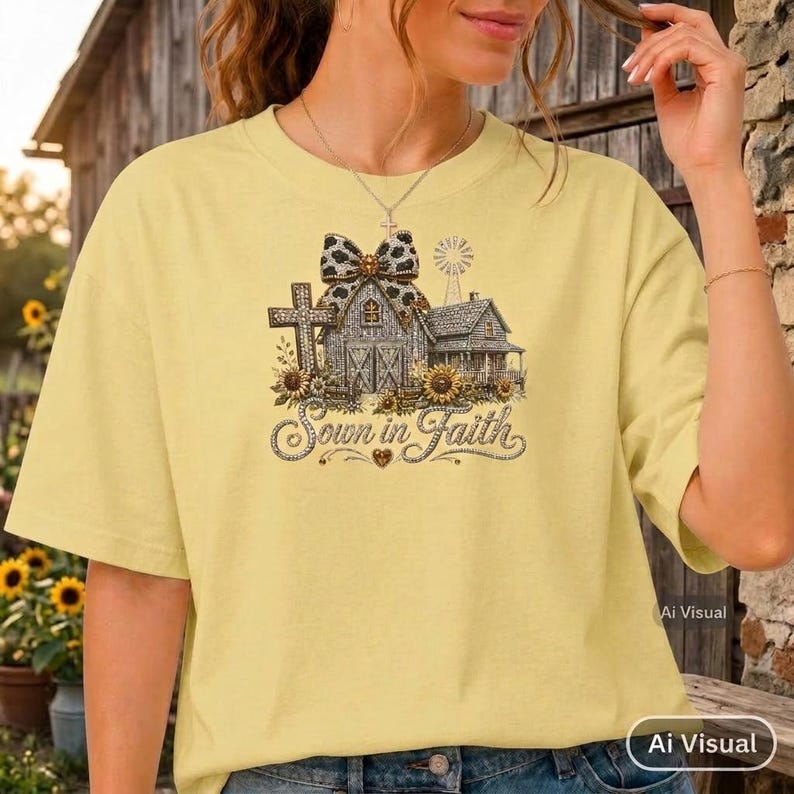 May include: A pale yellow t-shirt featuring a graphic print of a barn, a cross, and a windmill decorated with a leopard print bow and sunflowers. The text "Sown in Faith" is printed in a cursive script below the barn and cross illustration.