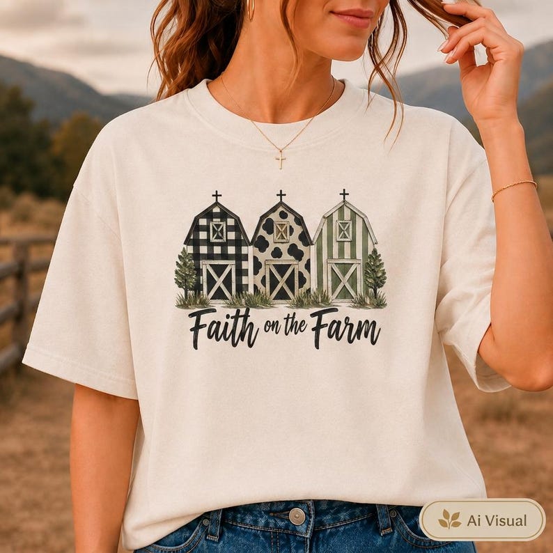 Może przedstawiać: Kremowy t-shirt z kr&oacute;tkim rękawem z grafiką przedstawiającą trzy stodoły w r&oacute;żnych wzorach: czarno-białą kratę, czarno-białe łaty krowie oraz zielono-białe paski. Poniżej nadrukowany jest napis Faith on the Farm.