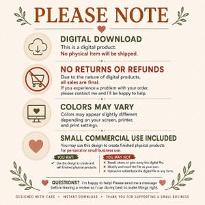 Pu&ograve; includere: Un'infografica informativa sul download digitale con il titolo PLEASE NOTE. Elenca le politiche tra cui nessuna spedizione fisica, resi, variazioni di colore e termini di utilizzo commerciale. Include icone per download e cuore.