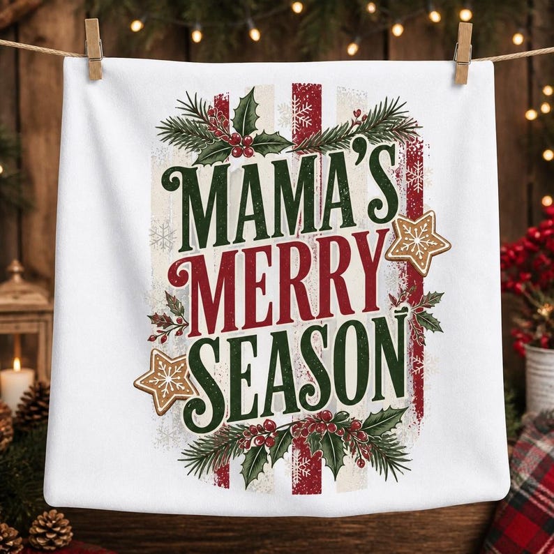 May include: A white square fabric item featuring the text MAMA'S MERRY SEASON in dark green and red lettering. The design is decorated with illustrations of green pine branches, red holly berries, snowflakes, and two tan gingerbread stars.