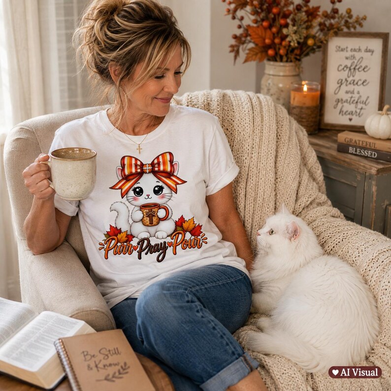 Christian Autumn Graphic Tee Kawaii Cat Lover Shirt Cozy Fall Wear Funny Feline Top Striped Coquette Bow Pumpkin Spice Shirt Gift Halloween Bild 13