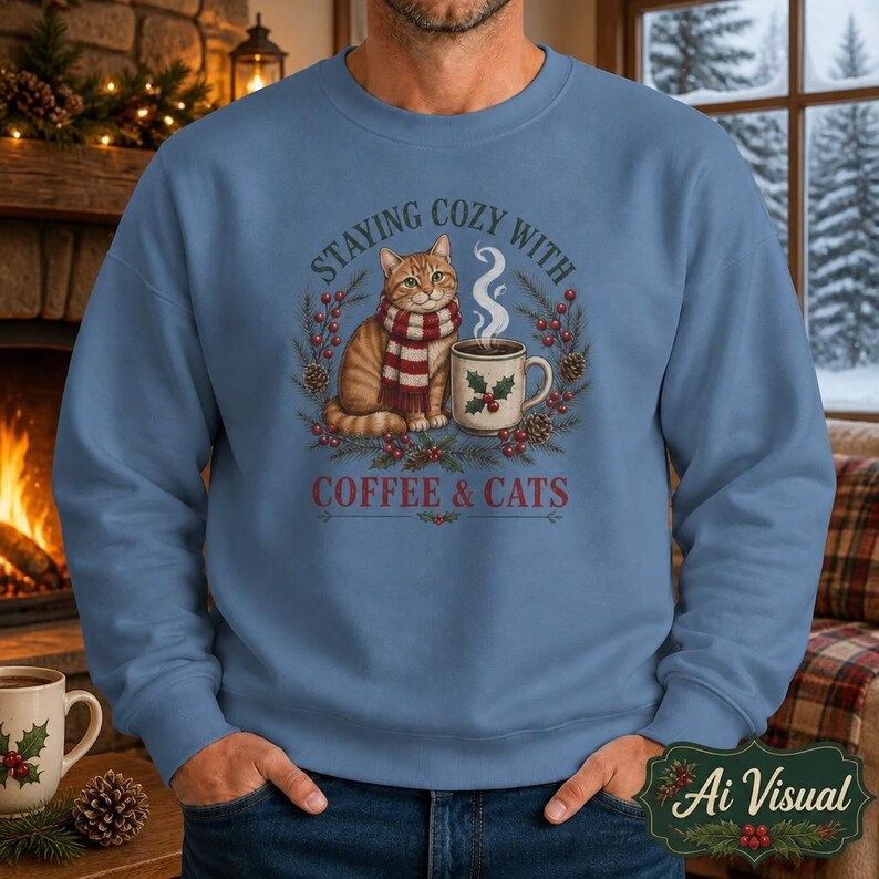 May include: A dusty blue crewneck sweatshirt featuring a graphic of an orange tabby cat wearing a red and white striped scarf next to a steaming mug of coffee, surrounded by pine branches and berries, with the text Staying Cozy With Coffee & Cats.
