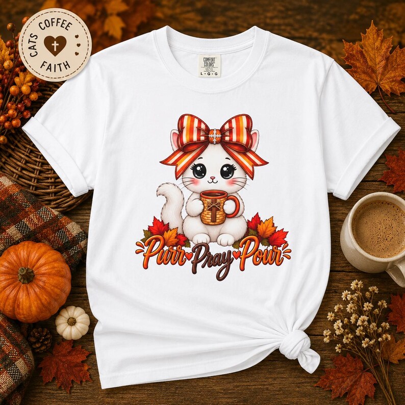 Christian Autumn Graphic Tee Kawaii Cat Lover Shirt Cozy Fall Wear Funny Feline Top Striped Coquette Bow Pumpkin Spice Shirt Gift Halloween Bild 9