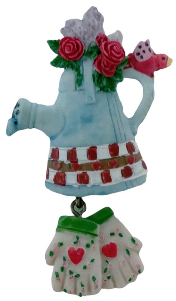 Fun Whimsical Watering Can Rose Garden Pin Brooch 