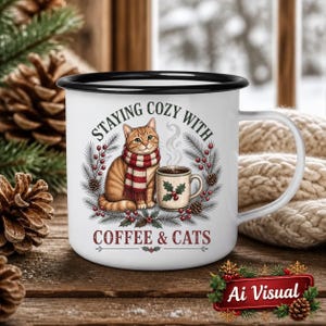 May include: A white enamel mug with a black rim featuring a graphic of an orange tabby cat wearing a red and white striped scarf next to a coffee mug. The text reads Staying Cozy With Coffee & Cats, surrounded by pine branches and holly berries.