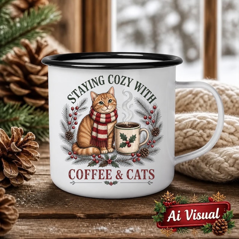 May include: A white enamel mug with a black rim featuring a graphic of an orange tabby cat wearing a red and white striped scarf next to a coffee mug. The text reads Staying Cozy With Coffee & Cats, surrounded by pine branches and holly berries.