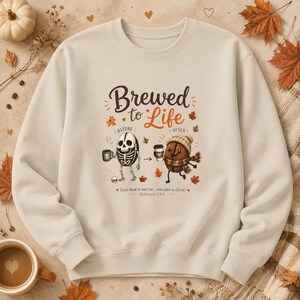 Unisex Fall Apparel Coffee Sweatshirt Crewneck Autumn Cozy Sweater Casual Comfort Clothing Illustrated Design Cute Food Coffee Bean Stick Characters Perfect Seasonal Gift Coffee Lover Essential Barista Apparel Soft Warm Fabric Midweight Construction Ribbed Christian Women Christian Men Apparel