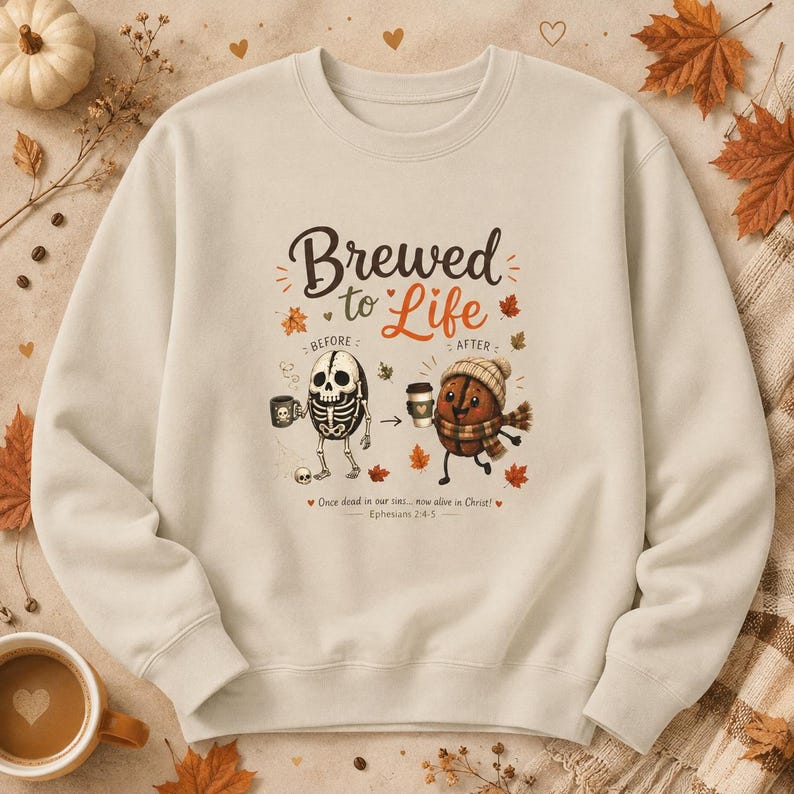 Unisex Fall Apparel Coffee Sweatshirt Crewneck Autumn Cozy Sweater Casual Comfort Clothing Illustrated Design Cute Food Coffee Bean Stick Characters Perfect Seasonal Gift Coffee Lover Essential Barista Apparel Soft Warm Fabric Midweight Construction Ribbed Christian Women Christian Men Apparel