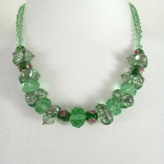 Glass Beaded Necklace Faceted Green Pink Lavender… - image 6