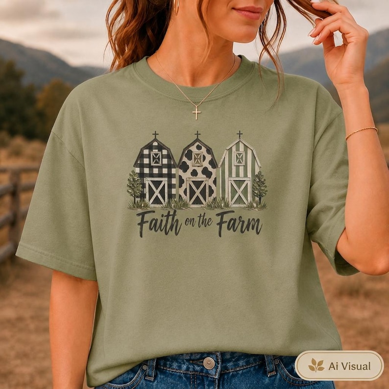 Może przedstawiać: Oliwkowozielony t-shirt z kr&oacute;tkim rękawem z grafiką przedstawiającą trzy stodoły o r&oacute;żnych wzorach: czarno-biała kratka, czarno-białe łaty krowie oraz zielono-białe paski. Poniżej znajduje się nadruk z napisem Faith on the Farm.