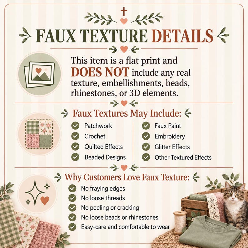 Puede incluir: Un gr&aacute;fico informativo titulado FAUX TEXTURE DETAILS con fondo crema y rayas verdes. Explica que el producto es una impresi&oacute;n plana sin elementos 3D, enumera texturas como patchwork y bordado, y beneficios como la ausencia de deshilachado.