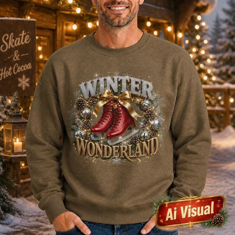 Puede incluir: Una sudadera marr&oacute;n de cuello redondo con un gr&aacute;fico de dos patines de hielo rojos atados con un lazo dorado, rodeados de pi&ntilde;as y adornos plateados. El texto "WINTER WONDERLAND" est&aacute; impreso en letras grandes de tono met&aacute;lico sobre el dise&ntilde;o.