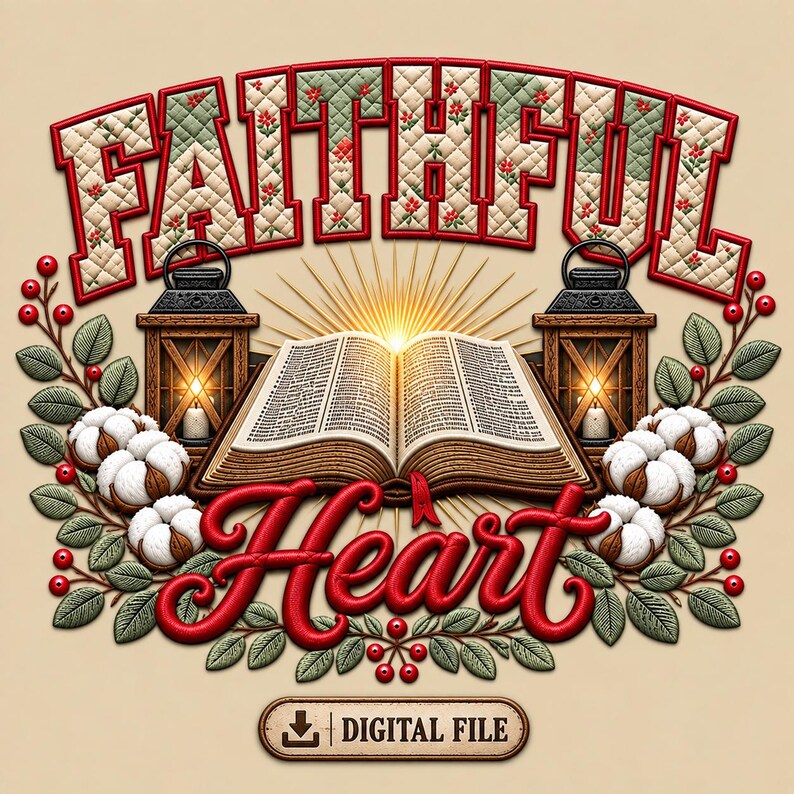 May include: A digital graphic featuring the text FAITHFUL HEART in red and quilted green patterns. An open book sits between two lit lanterns, surrounded by cotton bolls, green leaves, and red berries. A button below reads DIGITAL FILE.