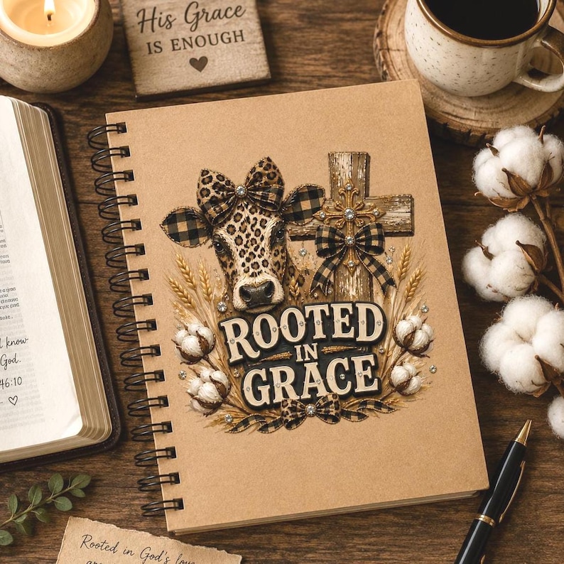 PNG File Transparent Background of A spiral-bound notebook with a tan cover featuring a graphic of a cow wearing a leopard print bow, a wooden cross, cotton bolls, and wheat stalks. The text reads ROOTED IN GRACE in bold letters. The design includes small sparkling accents. Digital Sublimation design.