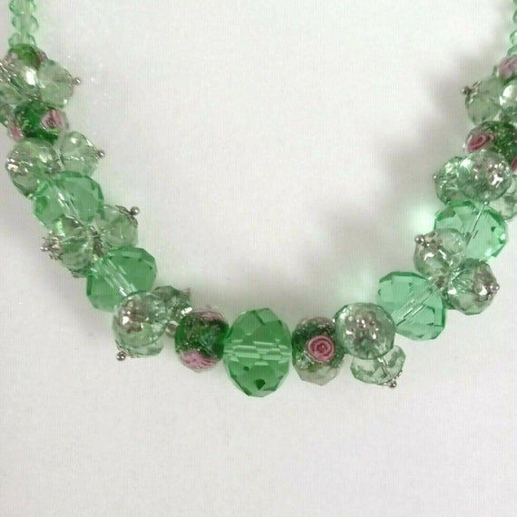 Glass Beaded Necklace Faceted Green Pink Lavender… - image 5