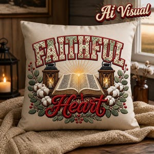 May include: A square beige throw pillow featuring an embroidered design of an open book centered between two lanterns. The text "FAITHFUL" appears in red above the book, and "Heart" is written in red script below, surrounded by cotton bolls.