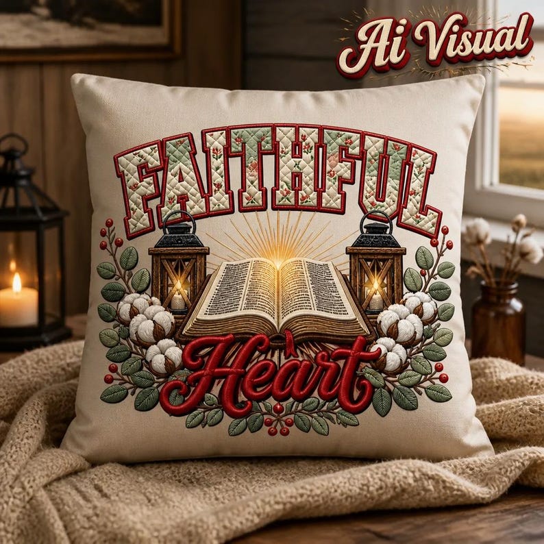 May include: A square beige throw pillow featuring an embroidered design of an open book centered between two lanterns. The text "FAITHFUL" appears in red above the book, and "Heart" is written in red script below, surrounded by cotton bolls.
