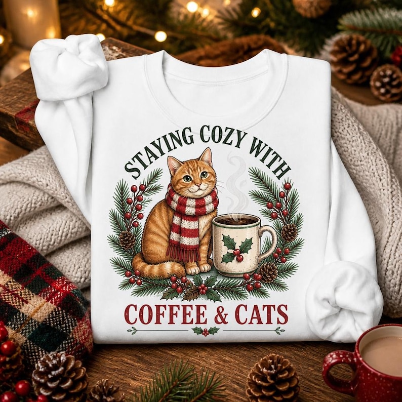 May include: A white long-sleeve sweatshirt featuring a graphic of an orange tabby cat wearing a red and white striped scarf next to a coffee mug. The design includes pine branches, holly berries, and the text STAYING COZY WITH COFFEE & CATS.