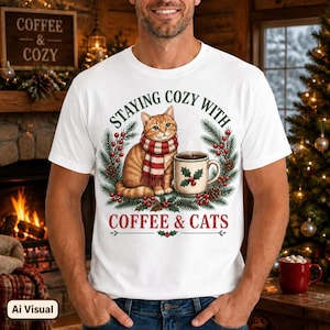May include: A white t-shirt featuring a graphic of an orange tabby cat wearing a red and white striped scarf, sitting next to a coffee mug decorated with holly leaves. The text reads STAYING COZY WITH COFFEE & CATS in green and red lettering.