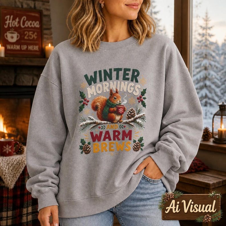 May include: A heather gray crewneck sweatshirt featuring a graphic print of a squirrel wearing a green scarf and holding a red mug. The text reads Winter Mornings and Warm Brews, surrounded by illustrations of pine branches, pinecones, and holly.