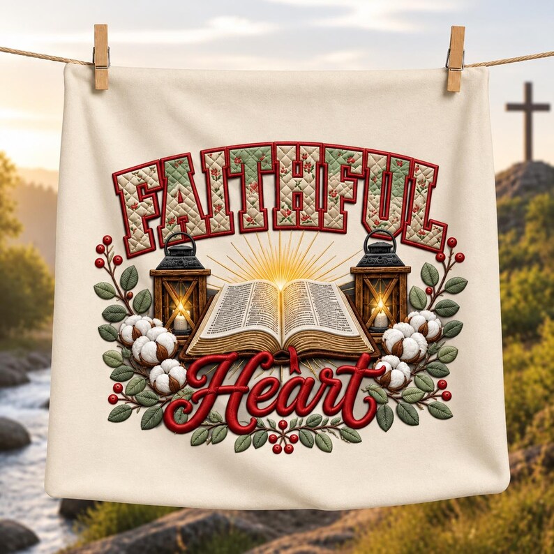May include: A cream-colored fabric square featuring the text FAITHFUL in a quilted red and green pattern and Heart in red script. The design includes an open book, two lit lanterns, cotton bolls, and green leaves with red berries.