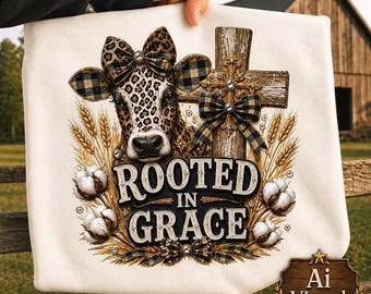 Leopard Cow Rooted In Grace png, Faith Sublimation, Farmhouse Christian Shirt png, Rustic Cross Design, Gold Cotton png, Holy Spirit Cow