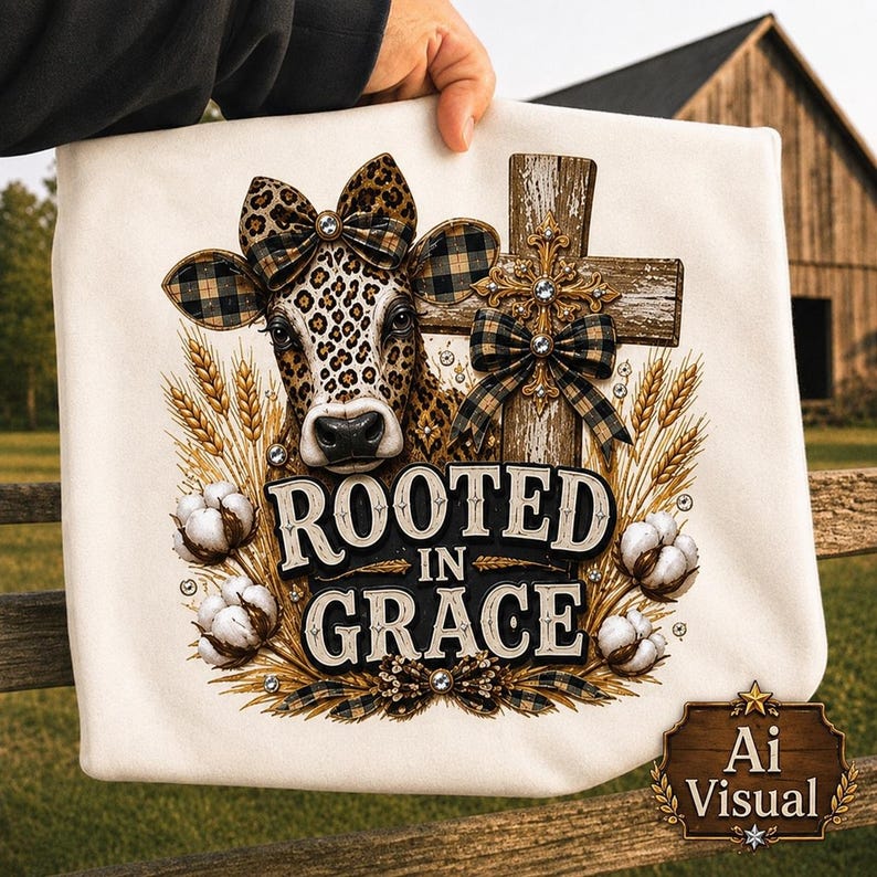 Sublimation Design A cream-colored folded tee shirt featuring a graphic print of a cow with leopard spots and a plaid bow, a wooden cross with a plaid bow, wheat stalks, and cotton bolls. The text reads ROOTED IN GRACE in bold black letters with white outlines. PNG File Transparent Instant Download