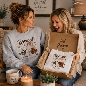 Illustrated Food Coffee Bean Stick Figure Sweater Cute Coffee Design Unisex Crewneck Apparel Fall Autumn Cozy Clothing Brewed To Life Characters Soft Comfortable Fabric Perfect Coffee Enthusiast Gift Seasonal Barista Wear Warm Midweight Construction Ribbed Collar Christian Women Christian Men Apparel Friend Gift Just Because Gift