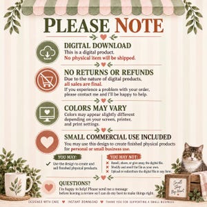 Puede incluir: Un gr&aacute;fico informativo con fondo a rayas que incluye el texto PLEASE NOTE, DIGITAL DOWNLOAD, NO RETURNS OR REFUNDS, COLORS MAY VARY, SMALL COMMERCIAL USE INCLUDED y QUESTIONS. Contiene iconos, un gato y un peque&ntilde;o letrero.