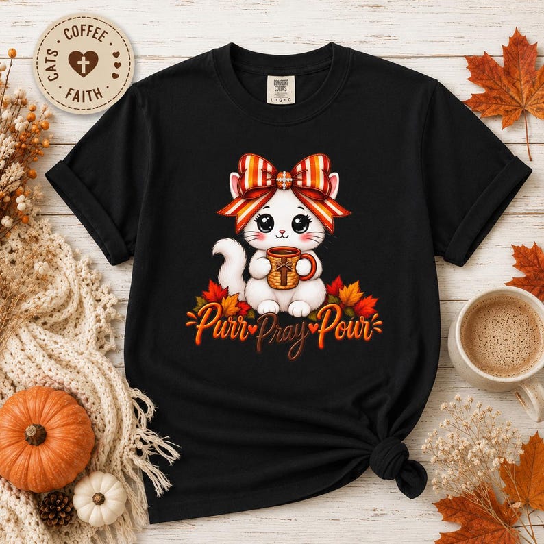 Christian Autumn Graphic Tee Kawaii Cat Lover Shirt Cozy Fall Wear Funny Feline Top Striped Coquette Bow Pumpkin Spice Shirt Gift Halloween Bild 7