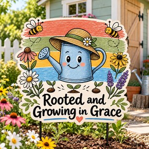 Rustic outdoor garden sign featuring cheerful blue watering‑can design with flowers, bees and sprouts, ‘Rooted and Growing in Grace’ inspirational message, farmhouse yard décor, digital PNG sublimation file.