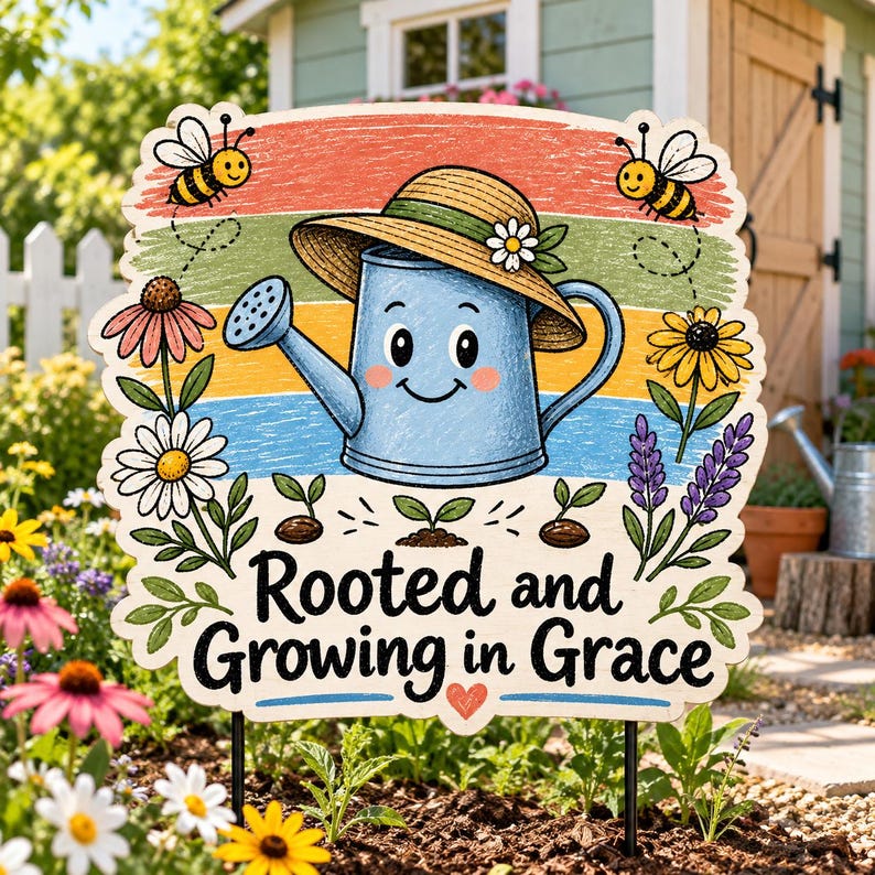 Rustic outdoor garden sign featuring cheerful blue watering‑can design with flowers, bees and sprouts, ‘Rooted and Growing in Grace’ inspirational message, farmhouse yard décor, digital PNG sublimation file.