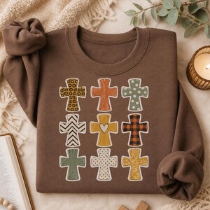 Christian Cross Sublimation Design Religious PNG Faith Clipart Digital Download Leopard Print Buffalo Plaid Autumn Colors Rustic Western Style Country Gospel Graphics Distressed Wood Grain Patterns Polka Dots Chevron Hearts Christian Gift Design Idea Instant Download PNG Crafting Stickers Home Decor