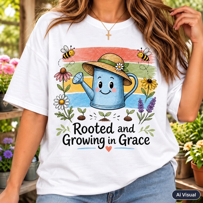 Christian garden watering‑can design with cheerful blue can, straw hat, flowers, bees and sprouts, ‘Rooted and Growing in Grace’ inspirational message on white women’s T‑shirt, rustic farmhouse religious mom apparel, digital PNG sublimation download.