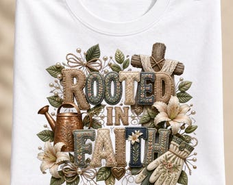 Puede incluir: Una camiseta blanca con un gráfico que incluye el texto ROOTED IN FAITH. El diseño presenta una regadera de cobre, una cruz de madera, un guante de jardinería y flores de lirio blancas rodeadas de hojas verdes y pequeños detalles perlados.