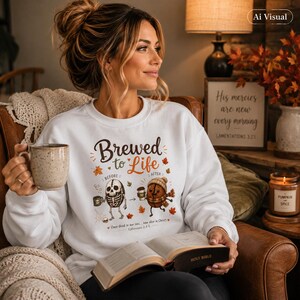 Coffee Sweatshirt Unisex Fall Crewneck Perfect Gift Coffee Lover Autumn Cozy Apparel Illustrated Coffee Bean Food Stick Figure Design Cute Characters Brewed To Life Theme Seasonal Comfort Wear Soft Midweight Fabric Barista Gift Idea Warm Casual Clothing Enthusiast Christian Women Christian Men Apparel