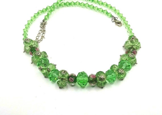 Glass Beaded Necklace Faceted Green Pink Lavender… - image 10