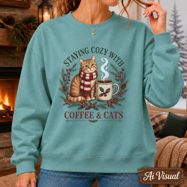 May include: A teal crewneck sweatshirt featuring a graphic of an orange tabby cat wearing a red and white striped scarf next to a steaming mug of coffee. The text reads STAYING COZY WITH COFFEE & CATS, surrounded by pine branches and berries.
