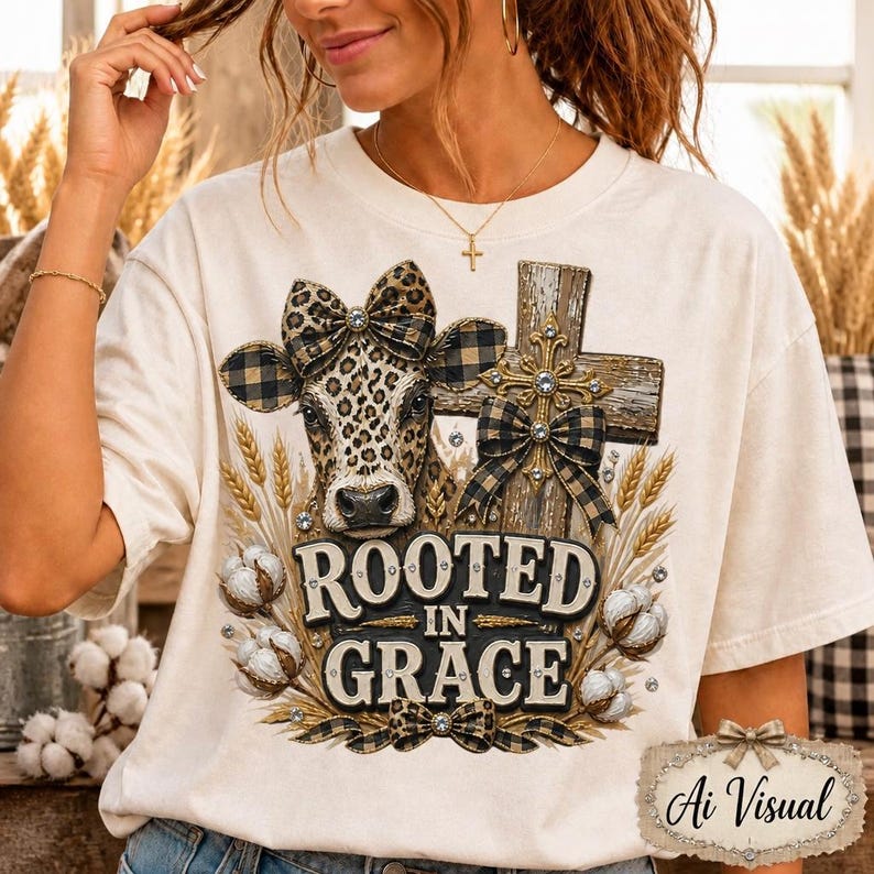 Digital Sublimation Design A cream-colored t-shirt featuring a graphic of a cow with a leopard print and plaid bow, a wooden cross, wheat stalks, and cotton bolls. The text reads Rooted in Grace. The design includes small rhinestone accents throughout the image. PNG File Transparent Background