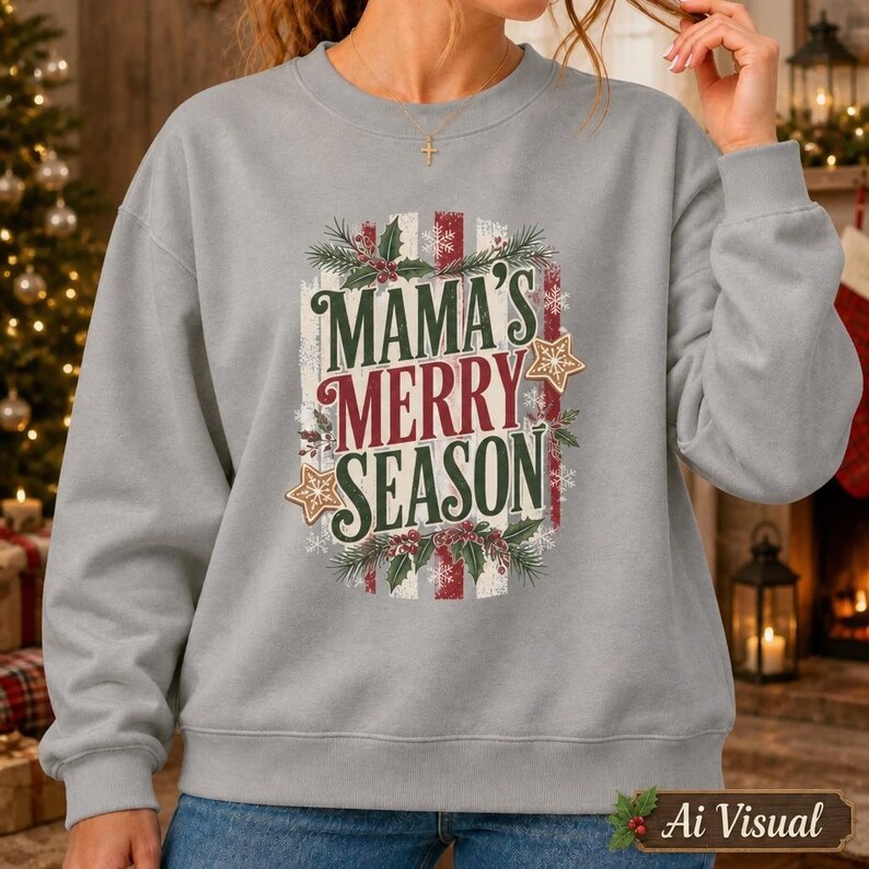 May include: A light gray crewneck sweatshirt featuring a central graphic with the text MAMA'S MERRY SEASON in dark green and red lettering. The design includes illustrations of pine branches, red berries, snowflakes, and gold star accents.