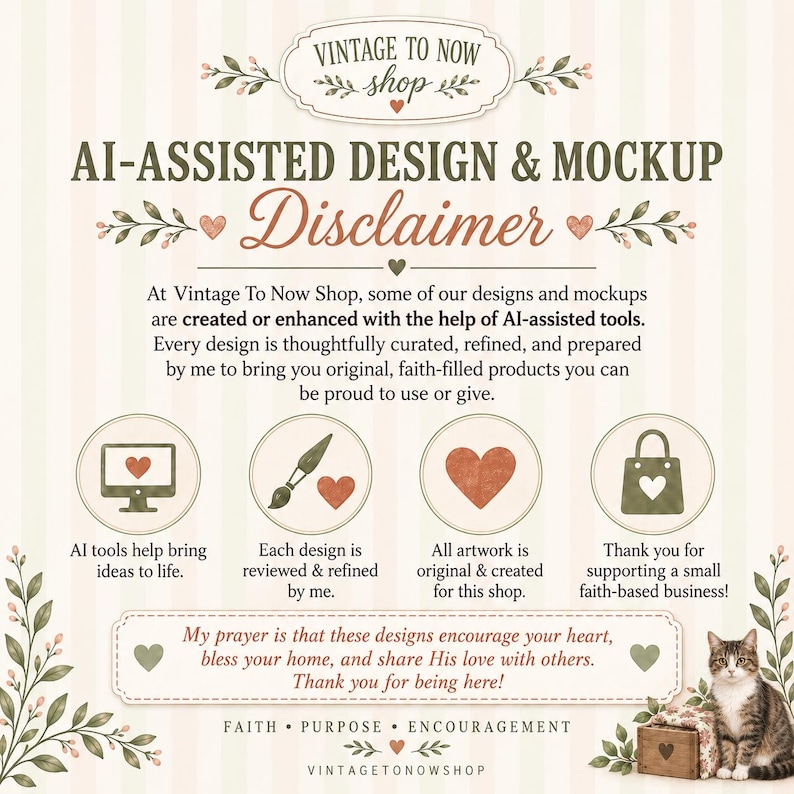 Puede incluir: Un gr&aacute;fico informativo titulado AI-ASSISTED DESIGN & MOCKUP Disclaimer. Contiene texto explicando que los dise&ntilde;os son creados o mejorados con herramientas de IA, revisados por el propietario y originales. Incluye iconos, detalles florales y un gato.