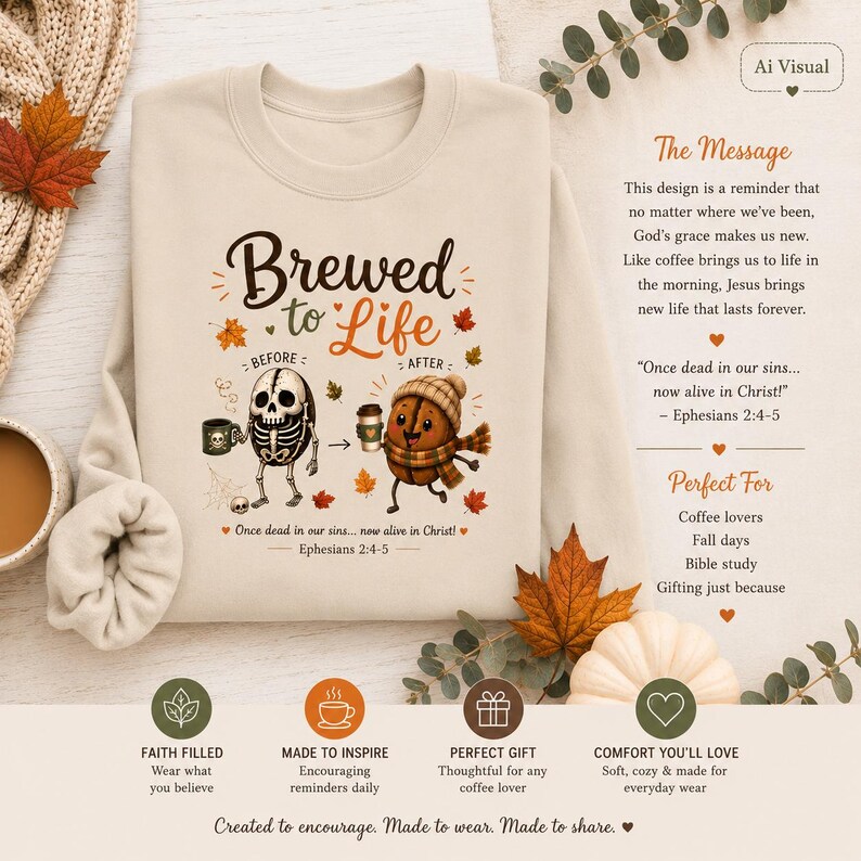 Coffee Sweatshirt Unisex Fall Crewneck Perfect Gift Coffee Lover Autumn Cozy Apparel Illustrated Coffee Bean Food Design Cute Characters Brewed To Life Theme Seasonal Comfort Wear Soft Midweight Fabric Barista Gift Idea Warm Casual Clothing Enthusiast Christian Women Christian Men Apparel